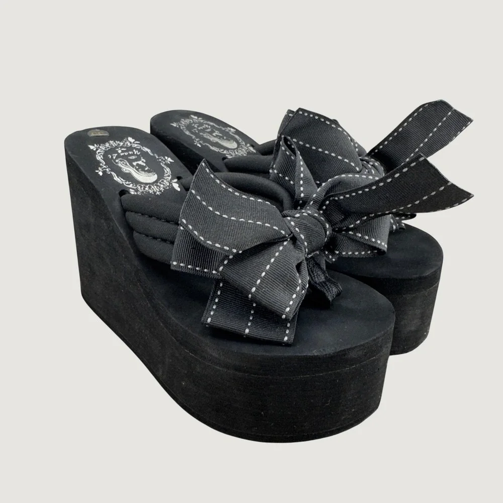 Yuan Li Platform Wedge Bow Sandals Thong Womens 35 5 Black Y2K Coquette Goth